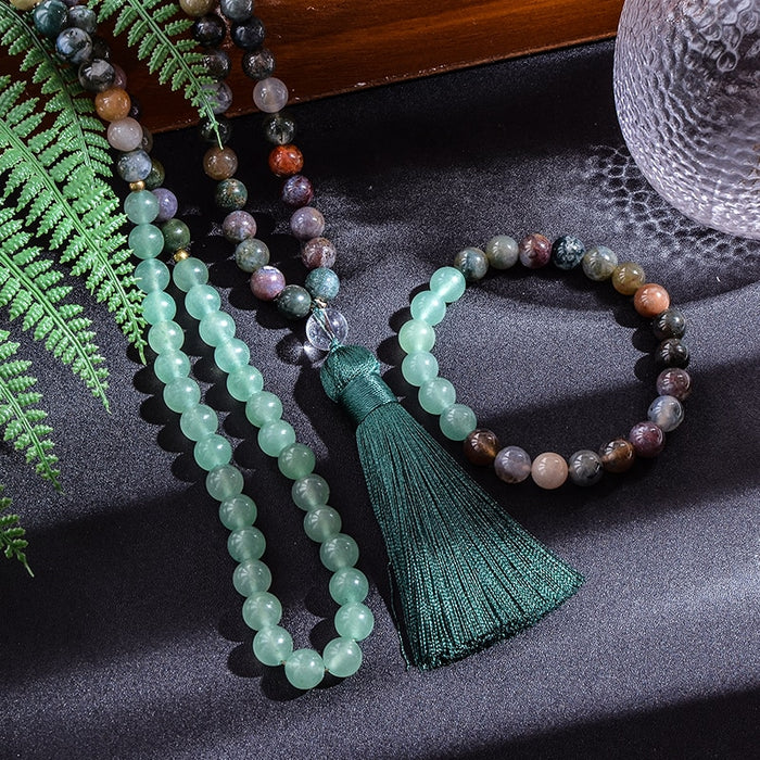 108 Natural Indian Agate & Green Aventurine Mala Beads Necklace