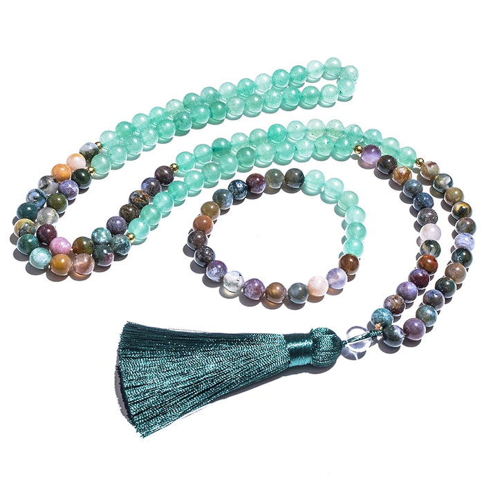108 Natural Indian Agate & Green Aventurine Mala Beads Necklace
