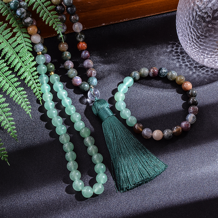 108 Natural Indian Agate & Green Aventurine Mala Beads Necklace