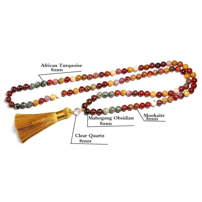 108 Natural Mahogany Obsidian, Mookaite Jasper, African Turquoise Beads Mala Necklace / Bracelet