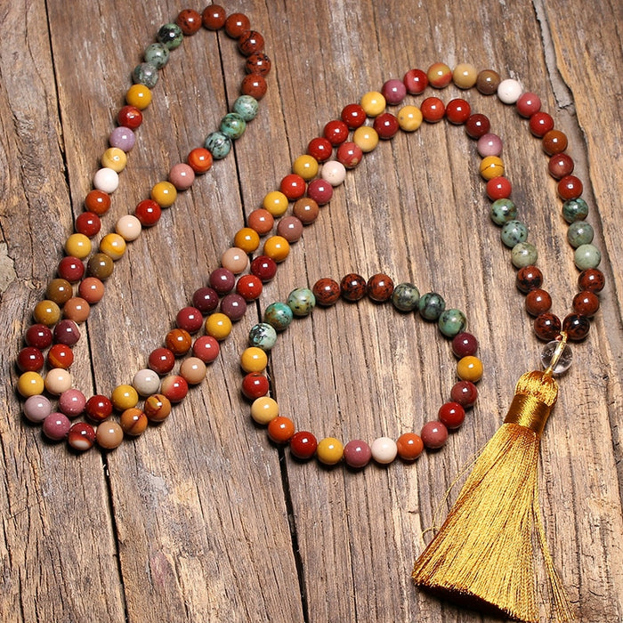 108 Natural Mahogany Obsidian, Mookaite Jasper, African Turquoise Beads Mala Necklace / Bracelet