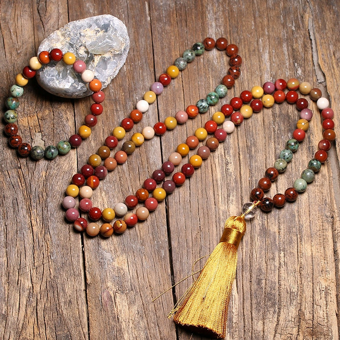 108 Natural Mahogany Obsidian, Mookaite Jasper, African Turquoise Beads Mala Necklace / Bracelet