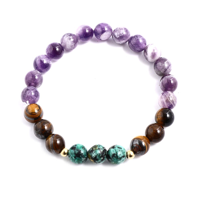 108 Natural Tiger Eye, Amethyst & African Turquoise Mala Beads Necklace