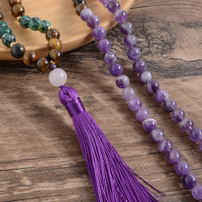 108 Natural Tiger Eye, Amethyst & African Turquoise Mala Beads Necklace