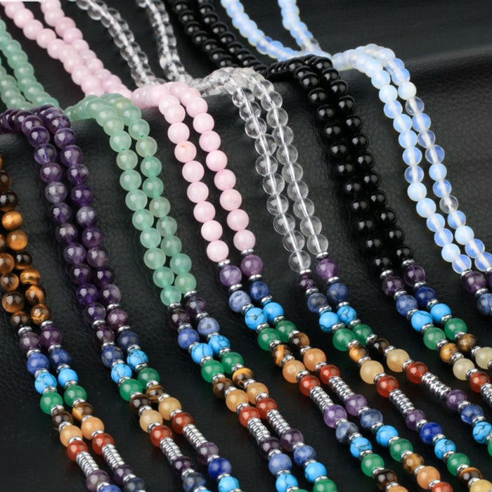 108 Natural Tiger Eye and Chakras Beads Necklace with Tree of Life
