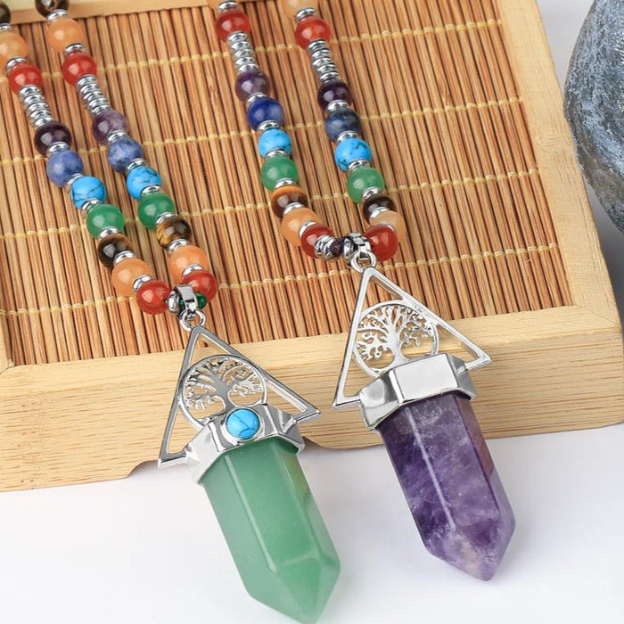 108 Natural Tiger Eye and Chakras Beads Necklace with Tree of Life