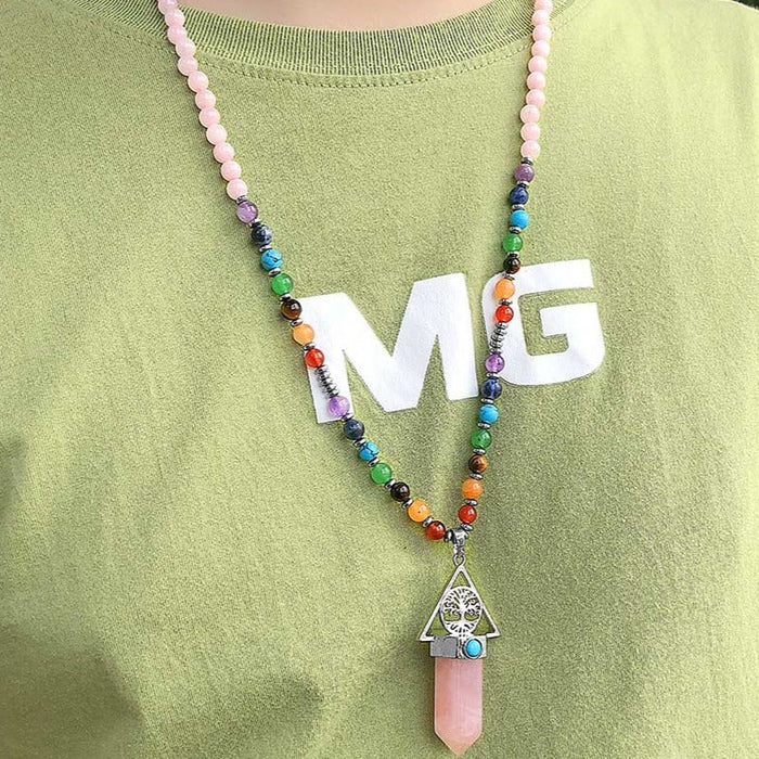 108 Natural Tiger Eye and Chakras Beads Necklace with Tree of Life