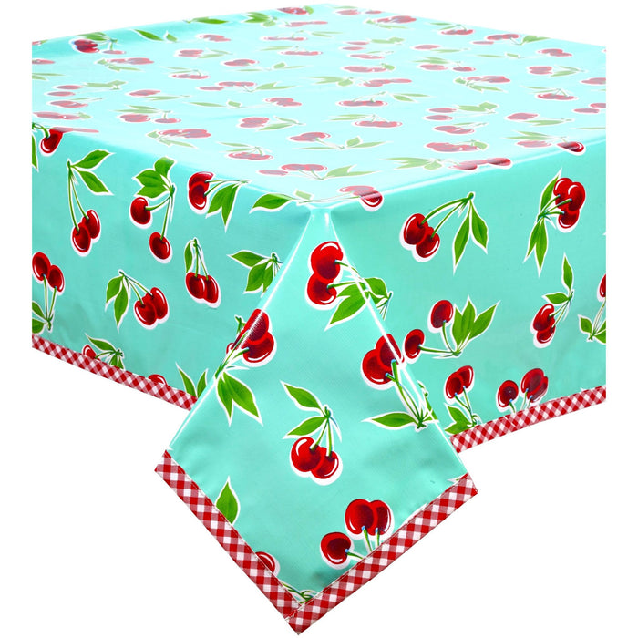 freckled sage cherry aqua oilcloth tablecloth with red gingham trim