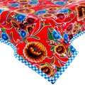 freckled sage bloom red oilcloth tablecloth with blue gingham trim