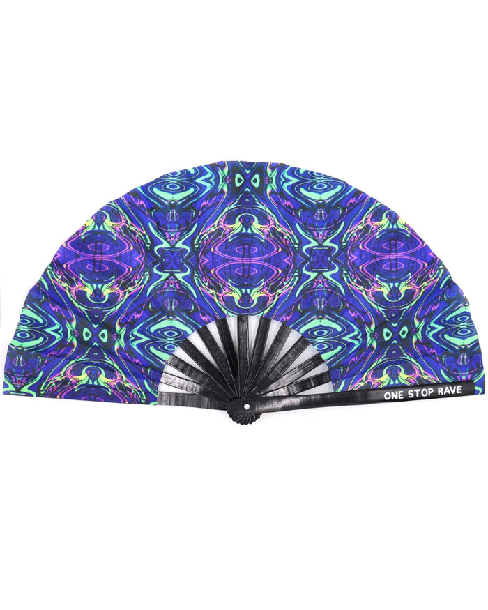 Acid Melt UV reactive festival hand fan featuring colorful psychedelic artwork.
