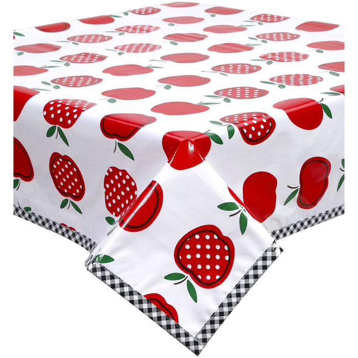 freckled sage apples and dots red oilcloth tablecloth with black gingham trim