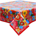 freckled sage betty's bunch gold oilcloth tablecloth with solid red trim