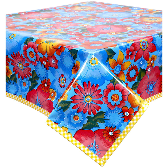 freckled sage square betty's bunch light blue oilcloth tablecloth with yellow gingham trim