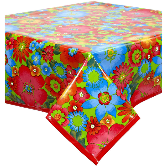 freckled sage betty's bunch lime green oilcloth tablecloth with solid red trim