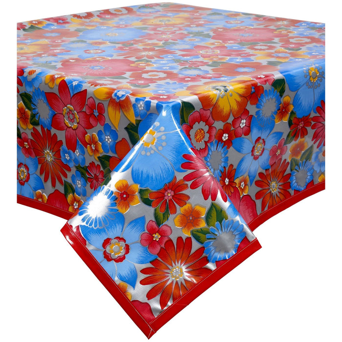 freckled sage betty's bunch silver oilcloth tablecloth with solid red trim