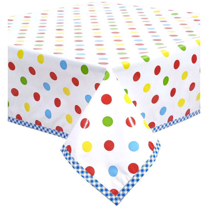 freckled sage big dot red oilcloth tablecloth with blue gingham trim