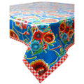 freckled sage bloom blue oilcloth tablecloth with red gingham trim