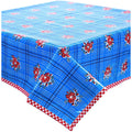 freckled sage bouquet blue oilcloth tablecloth with red gingham trim