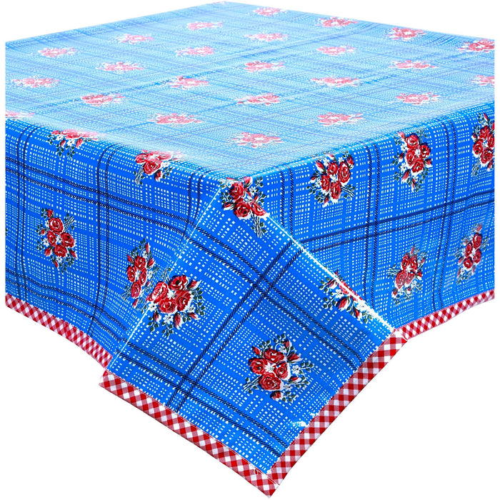 freckled sage bouquet blue oilcloth tablecloth with red gingham trim