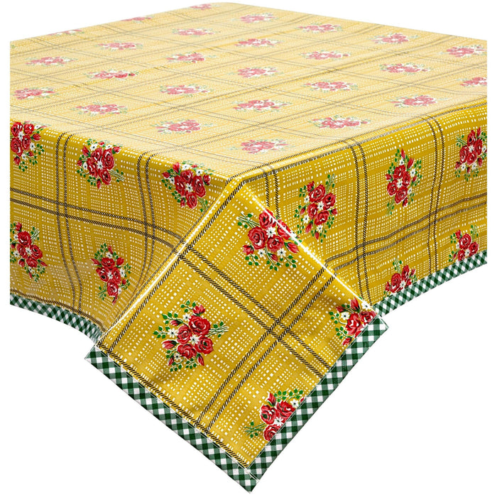 freckled sage bouquet tan oilcloth tablecloth with green gingham trim