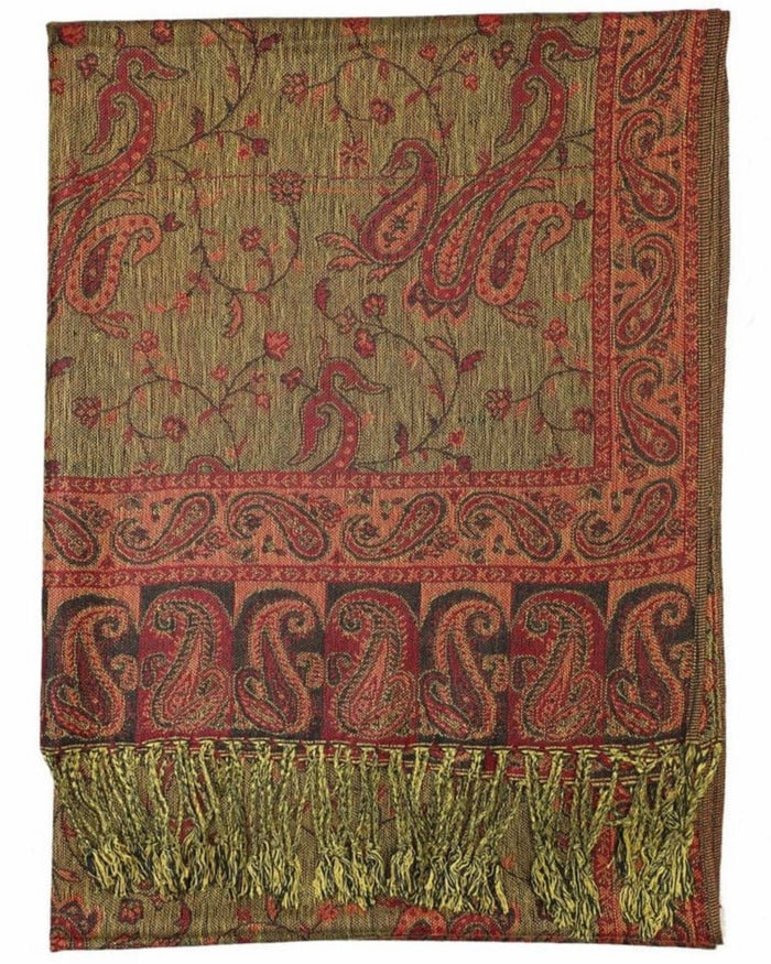 A reversible pashmina scarf with a paisley pattern in burgundy and gold colors, with fringes on the ends.