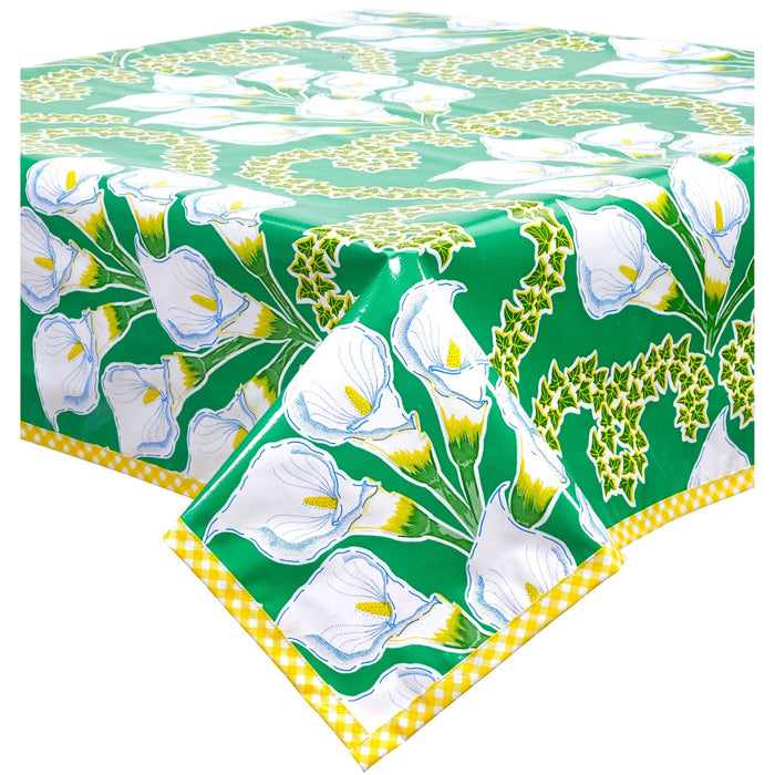 freckled sage calla lily green oilcloth tablecloth with yellow gingham trim