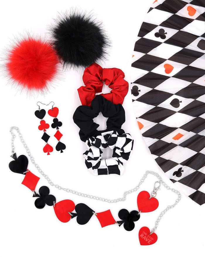 House of Cards Hand Fan, Red, Black, & Checkered Stash Scrunchie. House of Cards Earrings and adjustable Belt & House of Cards Space Bunz.