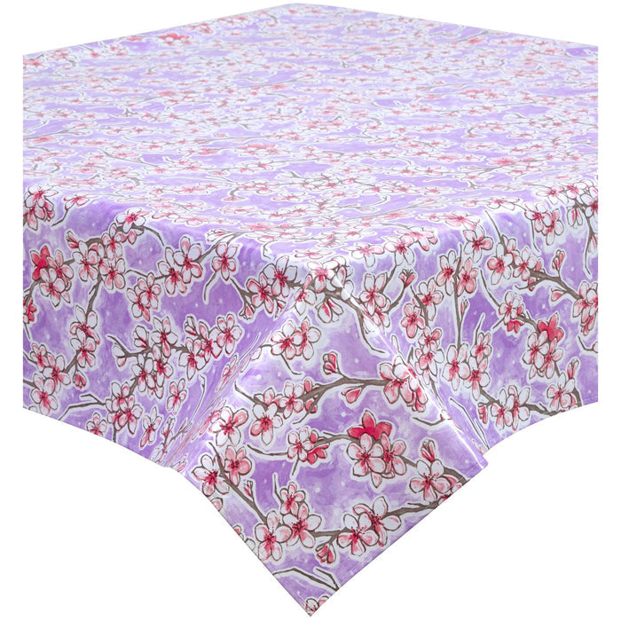 freckled sage cherry blossom lavender oilcloth tablecloth with a simple hem