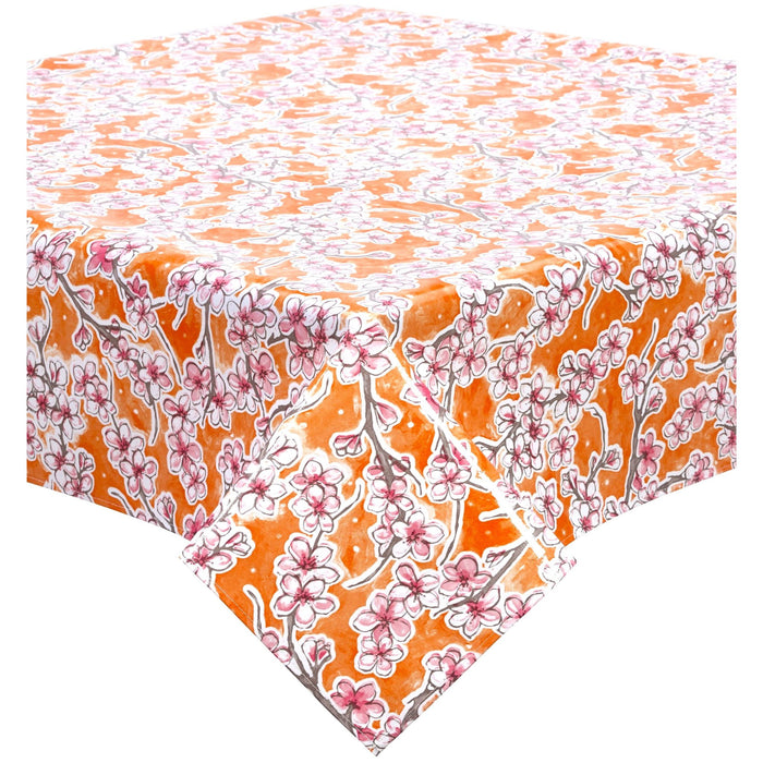 freckled sage cherry blossom orange oilcloth tablecloth with a simple hem