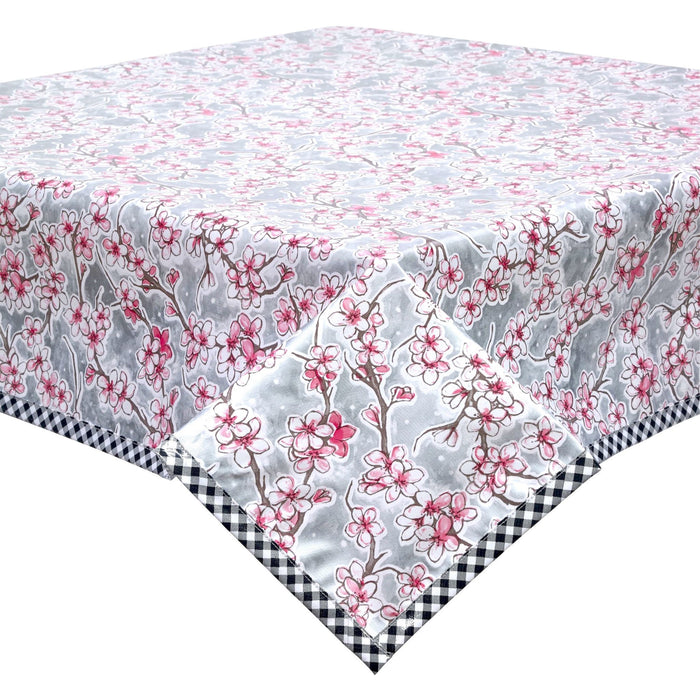 freckled sage cherry blossom silver oilcloth tablecloth with black gingham trim