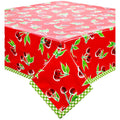 freckled sage cherry red oilcloth tablecloth with lime green gingham trim