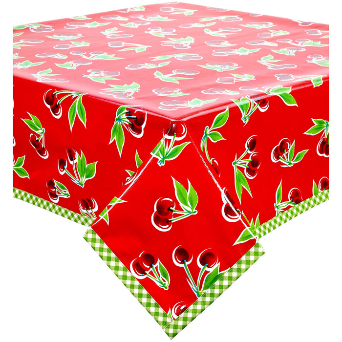 freckled sage cherry red oilcloth tablecloth with lime green gingham trim