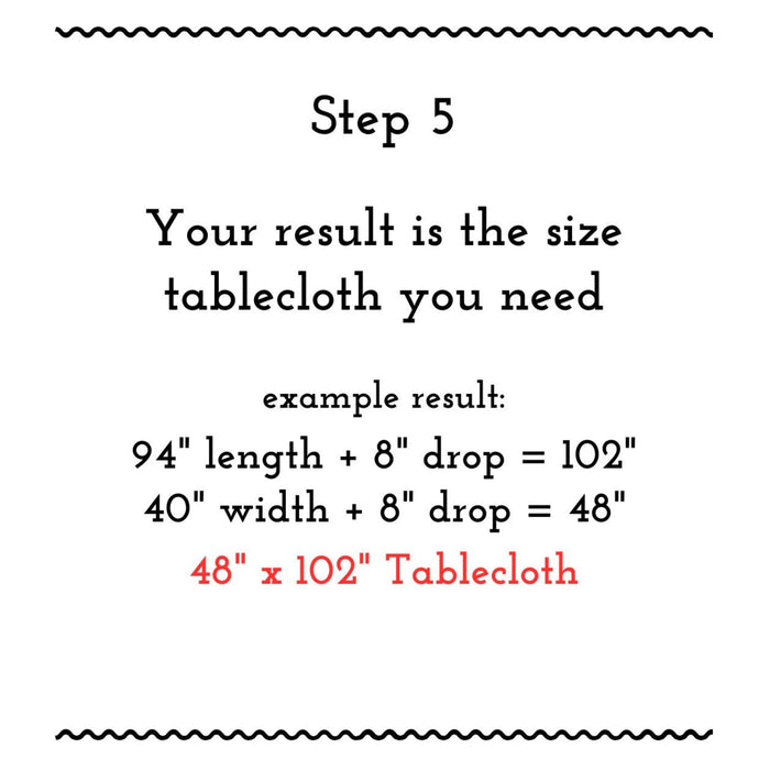 Instructions for calculating tablecloth size with example calculations.