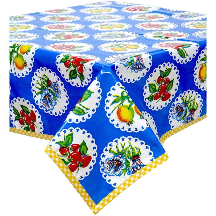 freckled sage doily 2 blue oilcloth tablecloth with yellow gingham trim