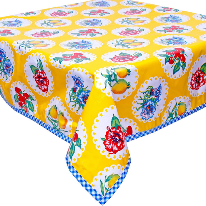 freckled sage doily 2 yellow oilcloth tablecloth with blue gingham trim
