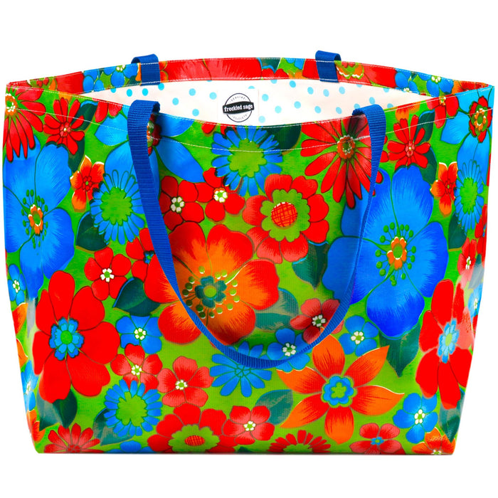 freckled sage extra large oilcloth tote bag in betty's bunch lime green