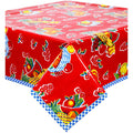 freckled sage fruit basket red oilcloth tablecloth with blue gingham trim