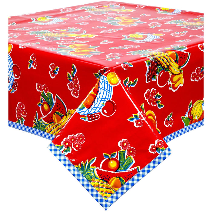 freckled sage fruit basket red oilcloth tablecloth with blue gingham trim