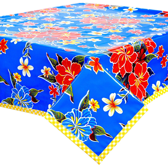 freckled sage hawaii blue oilcloth tablecloth with yellow gingham trim