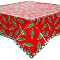 freckled sage jalapeños on red oilcloth tablecloth with green gingham trim