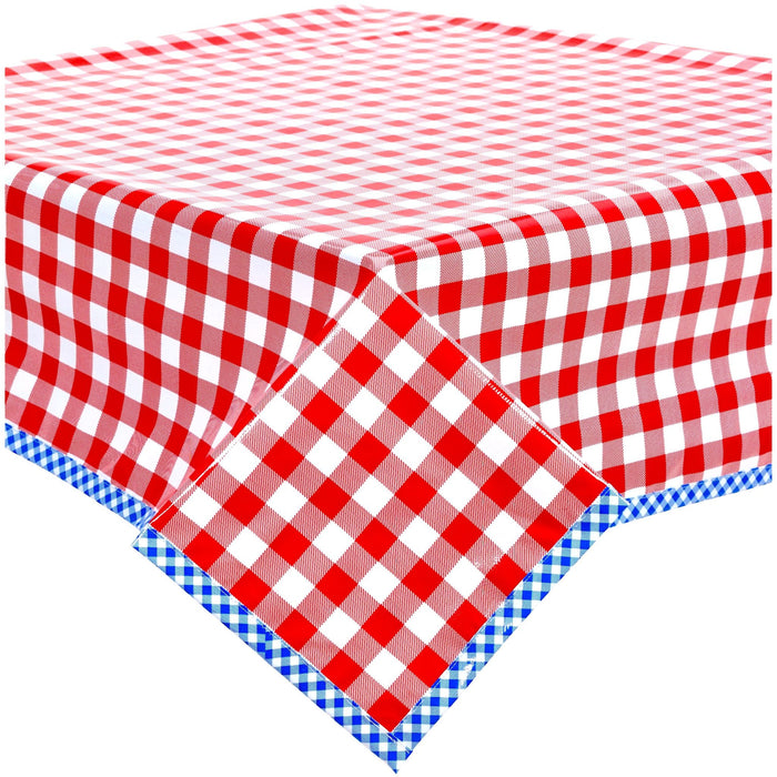 freckled sage large gingham red oilcloth tablecloth with blue gingham trim