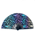 Closed Magic Mushroom Reflective Festival Hand Fan with black mushroom design.