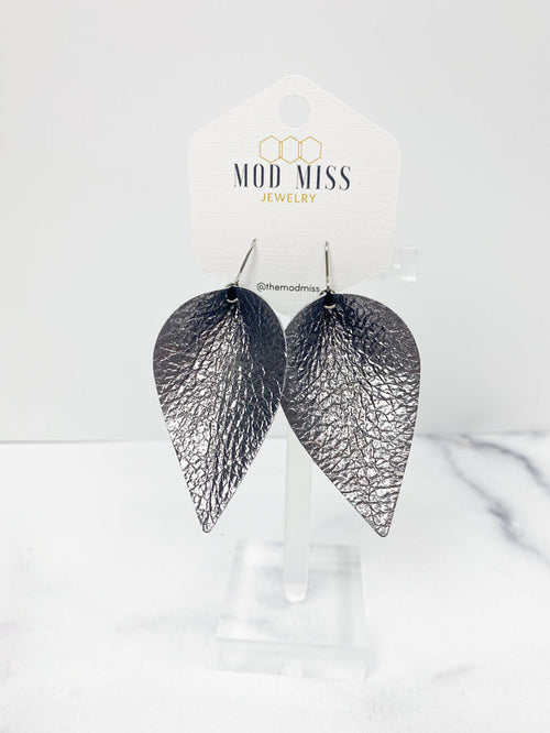 "Merle" Metallic Gunmetal Leather Petal Earrings - twistedbuffaloboutique