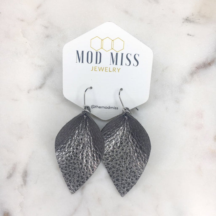 "Merle" Metallic Gunmetal Leather Petal Earrings - twistedbuffaloboutique