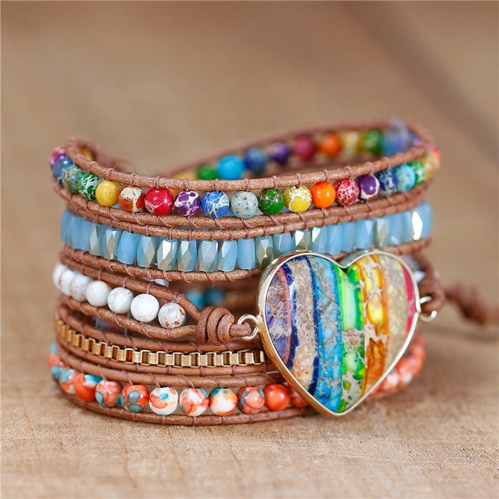 Natural 7 Chakras Jasper & Agate Heart Leather Wrap Bracelet