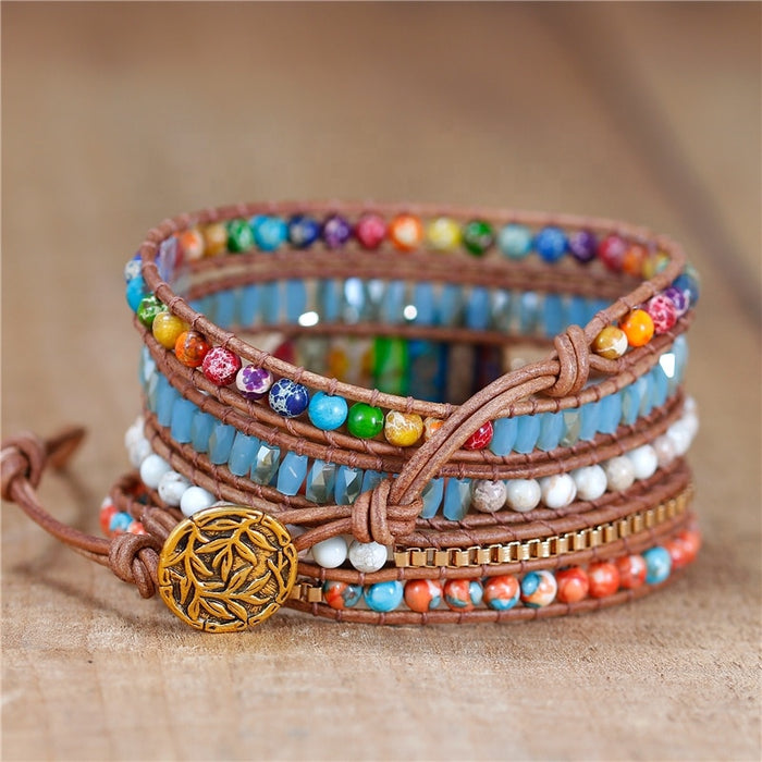 Natural 7 Chakras Jasper & Agate Heart Leather Wrap Bracelet