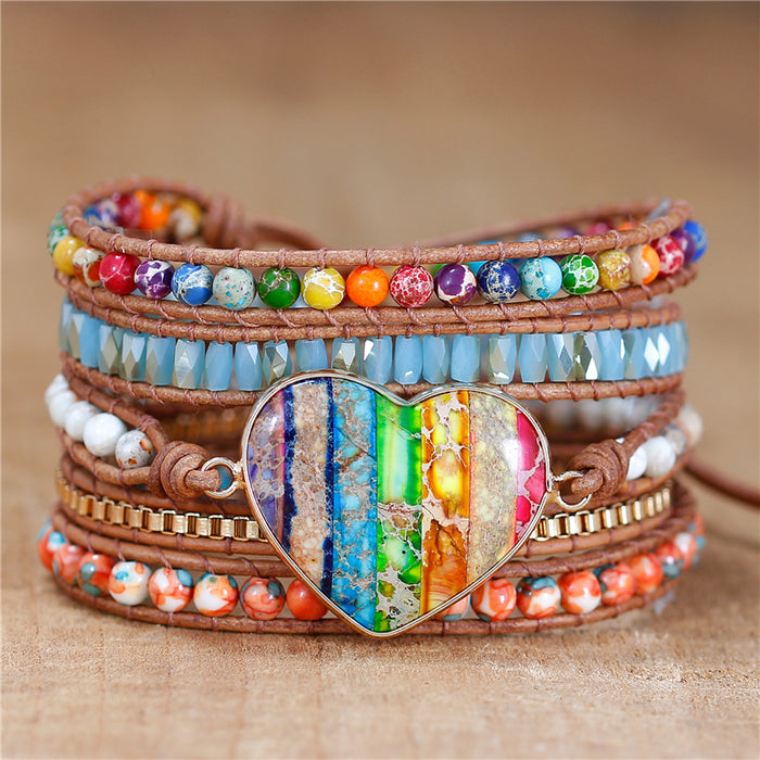 Natural 7 Chakras Jasper & Agate Heart Leather Wrap Bracelet