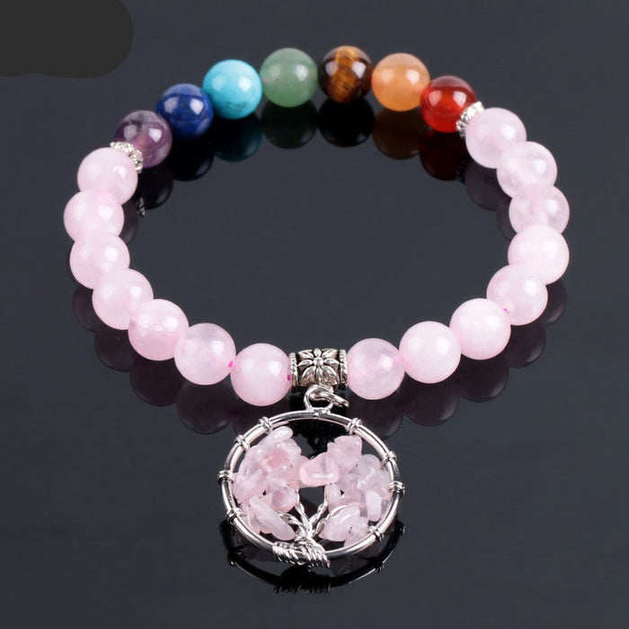 Natural 7 Chakras Rose Quartz Beaded Bracelet with Tree of Life
