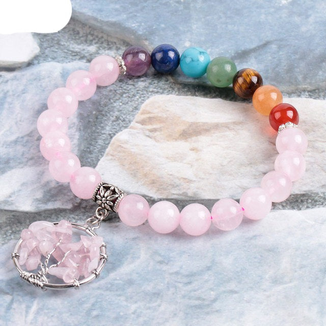 Natural 7 Chakras Rose Quartz Beaded Bracelet with Tree of Life