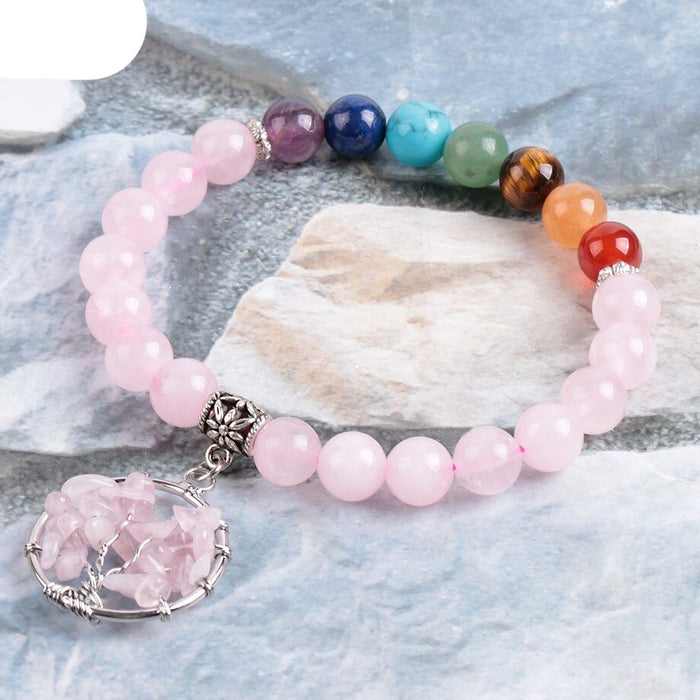 Natural 7 Chakras Rose Quartz Beaded Bracelet with Tree of Life